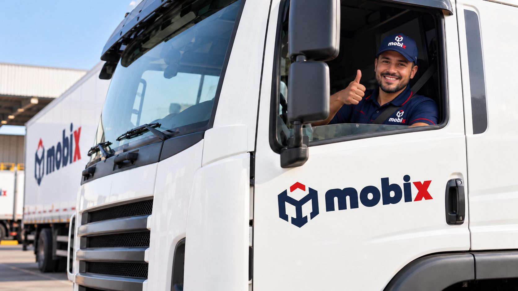 Motorista MOBIX na cabine do caminhão fazendo sinal de positivo